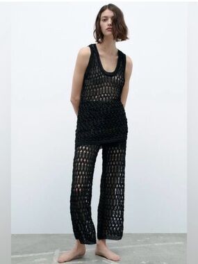 Zara Black Crochet Wide-Leg Knit Pants